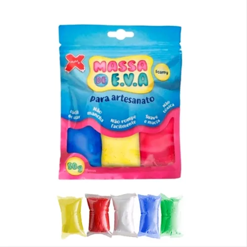 Massa de EVA - 50g - Mista 5 cores - Branco | Vermelho | Azul | Verde | Amarelo - Make+