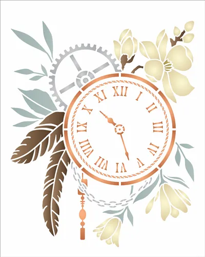 Stencil - 20x25cm - SteamPunk Art Relogio com Flores