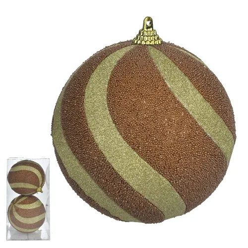 Bola Natal Decorada C/Glitter PVC C/2 Und. - Marrom Dourado - 10cm