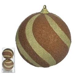 Bola Natal Decorada C/Glitter PVC C/2 Und. - Marrom Dourado - 10cm