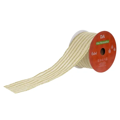 Fita Aramada Linho C/Glitter C/Costura - Bege e Dourado - 6,3cmx9,14m