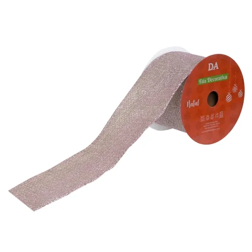 Fita Aramada Linho C/Glitter C/Costura - Bege e Rosa - 6,3cmx9,14m