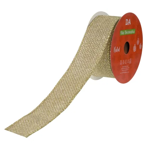 Fita Aramada Linho C/Glitter C/Costura - Bege e dourado - 3,8cmx9,14m