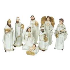 Resina Natal Presepio 8 Figuras - Branco e Dourado - 15,5cm