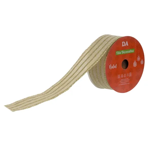 Fita Aramada Linha C/Glitter C/Costura - Bege e Dourado - 3,8cmx9,14m