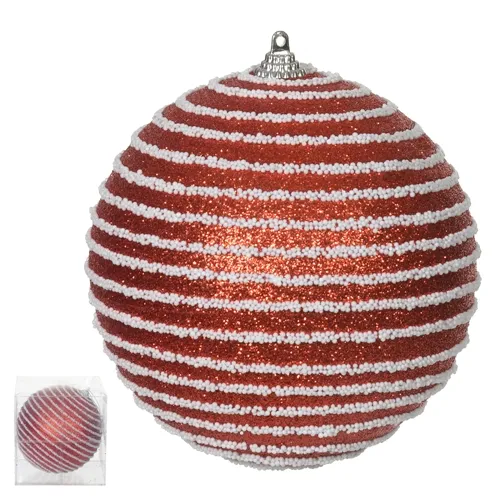 Bola Decorada Natal C/Glitter No PVC - Vermelho e Branco - 12cm