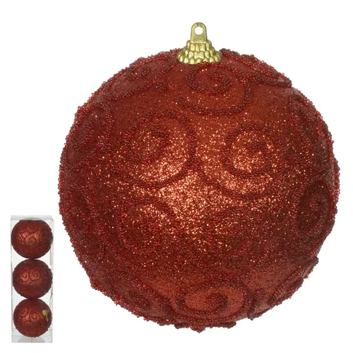 Bola Decorada Natal C/Glitter No PVC C/3 Und - Vermelho - 10cm