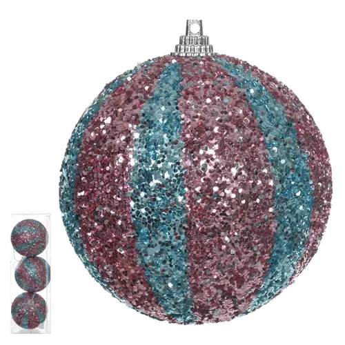 BOLA DECORADA NATAL C/3 UND PVC (AZUL CANDY ROSA) 8cm - 47908002 - FA