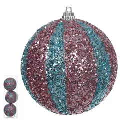 BOLA DECORADA NATAL C/3 UND PVC (AZUL CANDY ROSA) 8cm - 47908002 - FA